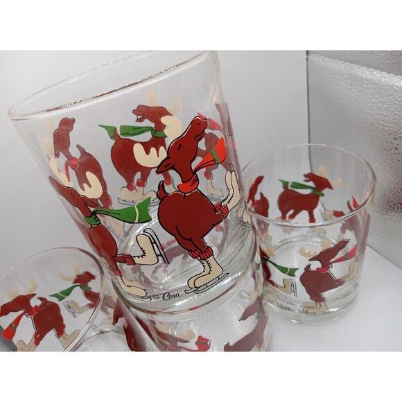 4 Vintage Cera Glasses / Tumblers Ice Skating Moose LowBall Eggnog Drinking Cups - Picture 8 of 13
